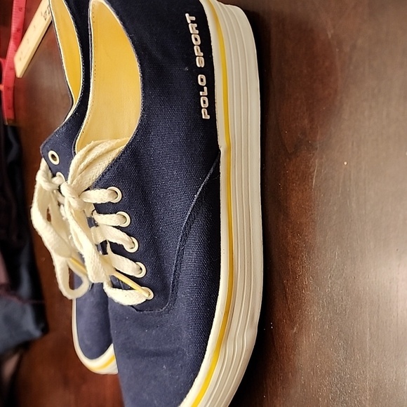 Navy Ralph Lauren Polo Sport sneakers w/yellow stripes, trim & insoles. sz 10 - Picture 2 of 6